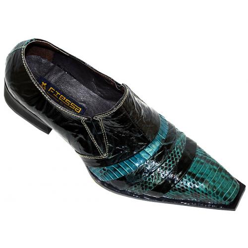 Fiesso Turquoise Blue Genuine Cobra Snake Skin & Wrinkle Patent Leather Pointed Toe Shoes FI8176